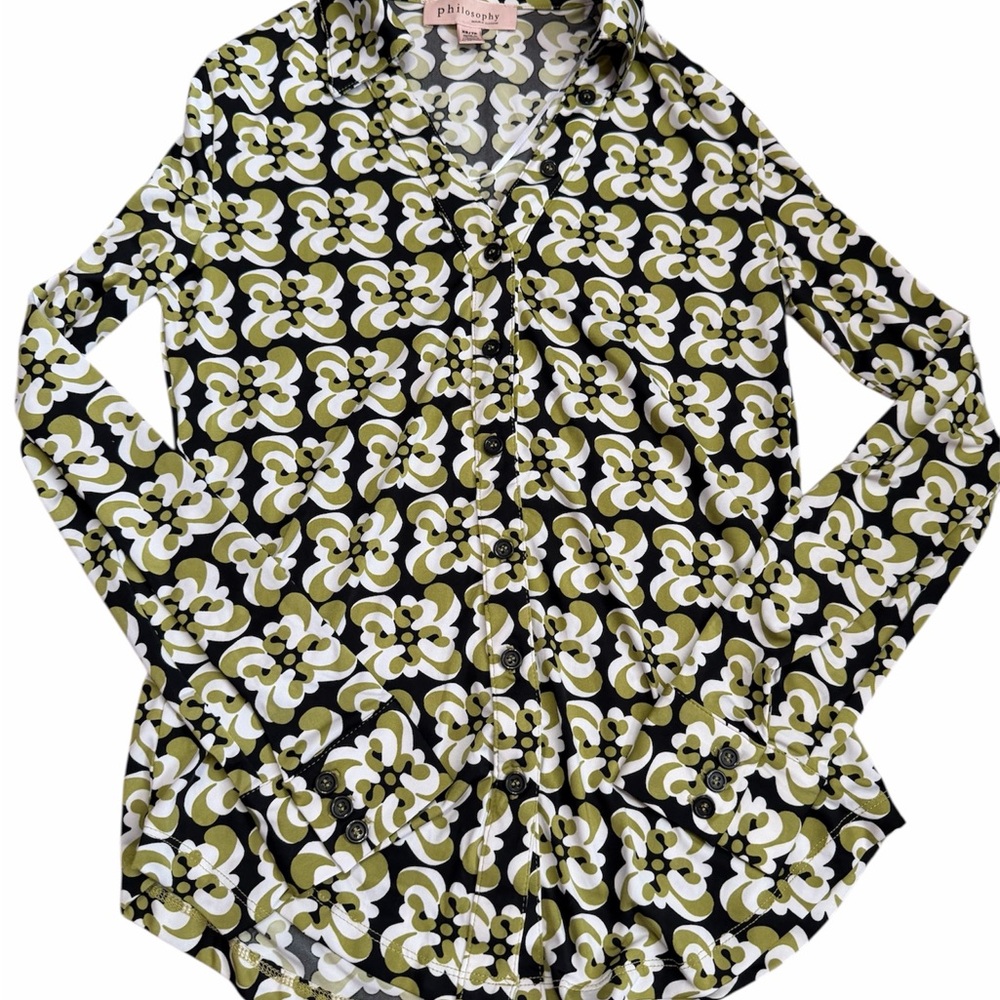 Philosophy Black And Olive Patterned Button-Down … - image 1